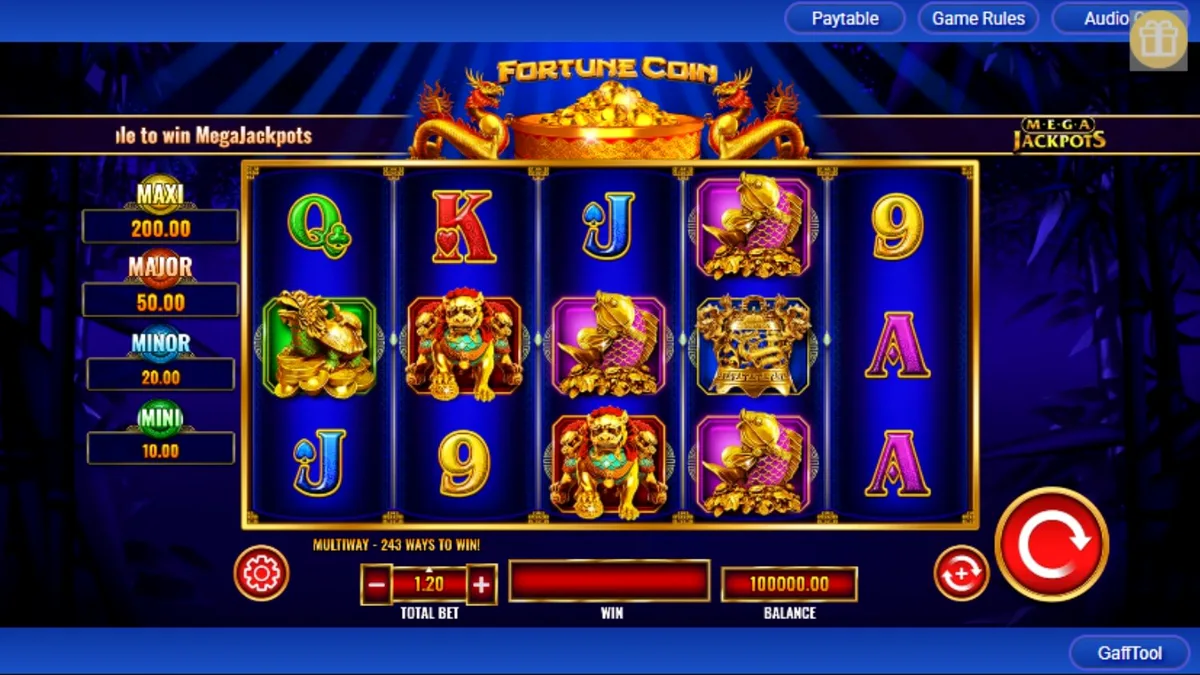 Fortune Coin Mega Jackpot slot game interface na may mga gintong barya at dragon symbols